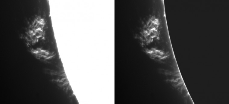 Die beiden Bilder verdeutlichen den Effekt der Abdeckung der überbelichteten Sonnenoberfläche mit einer Maske in der Bildverarbeitung