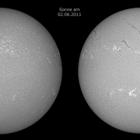 Die Abbildung zeigt links die Sonne im violetten Kalzium Licht mit dem chromosphären Fackelnetzwerk und Sonnenflecken und rechts die Sonne im roten H-alpha Licht mit Filamenten und aktiven Sonnenfleckenregionen