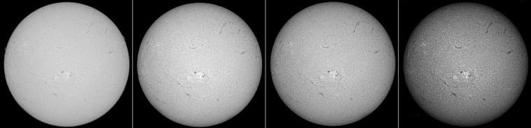Das Bild zeigt die Zunahme von sichtbaren Details der H-alpha Sonne mit abnehmender Halbwertsbreite (von links nach rechts: 0.7, 0.6, 0.5 und 0.3 Angström). Copyright bei A. Murner.